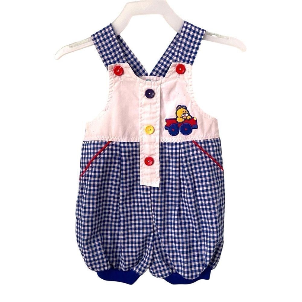 Vintage Small Steps Blue & White Checkered Kids Overalls with Bear Size 6/9 Mos